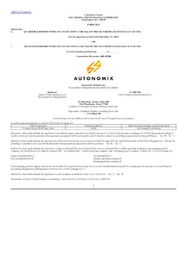 Autonomix Medical Inc 2026年季度报告