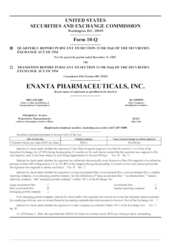 Enanta Pharmaceuticals Inc 2026年季度报告