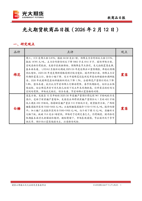 光大期货软商品日报（2026年2月12日）