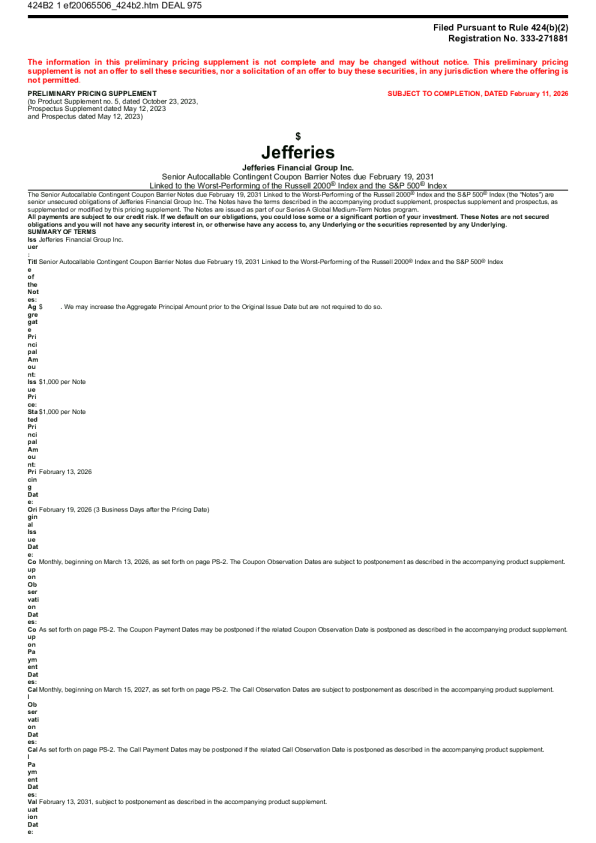 Jefferies Financial Group Inc 美股招股说明书（2026年2月12日版）