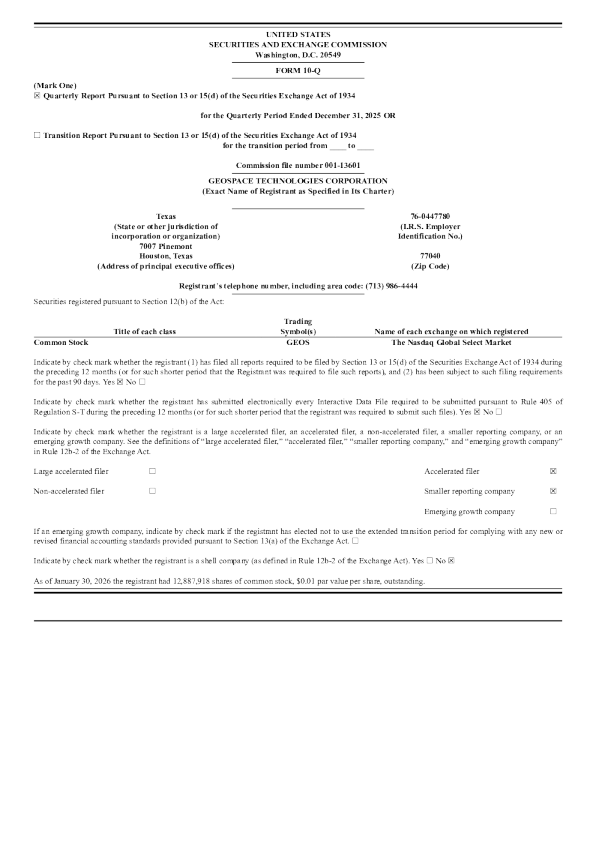 Geospace Technologies Corp 2026年季度报告