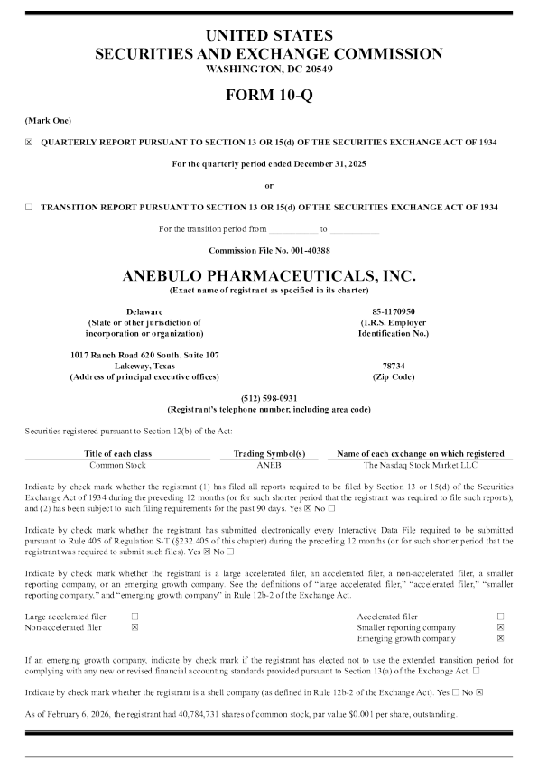 Anebulo Pharmaceuticals Inc. 2026年季度报告