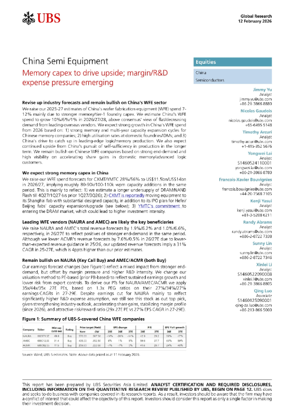 中国半导体设备：内存资本支出驱动上行；利润率/研发支出压力显现