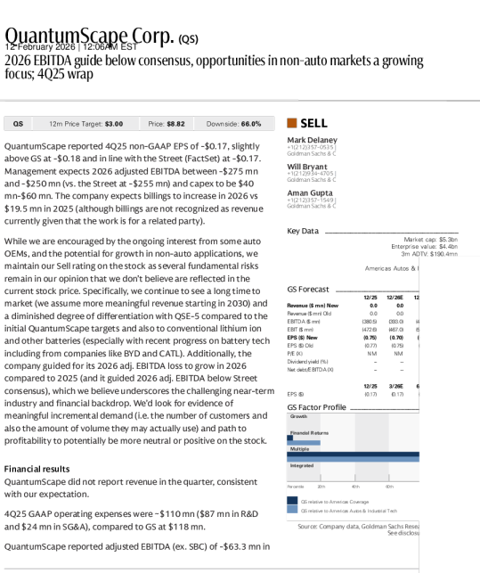 QuantumScape Corp. (QS)：2026年EBITDA预期低于市场共识，非汽车市场机遇日益受到关注；2025年第四季度总结
