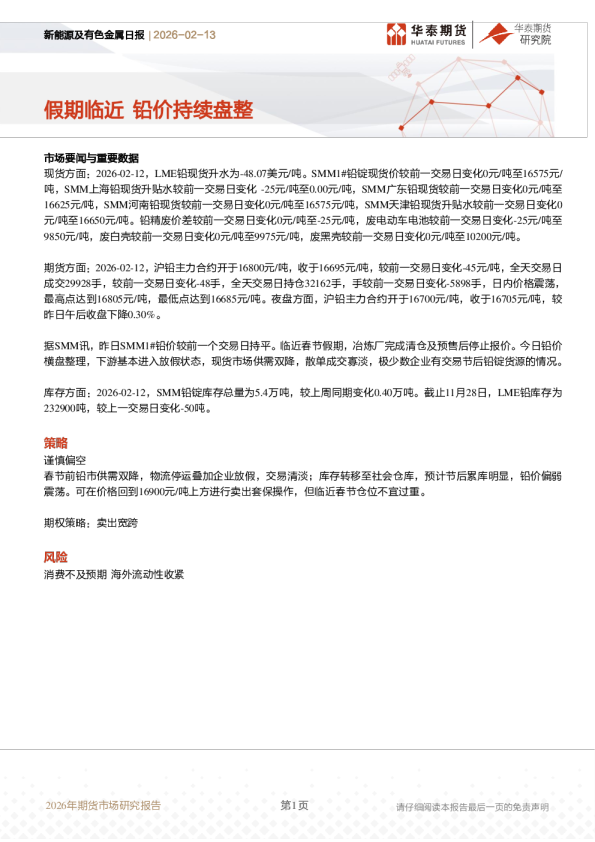 新能源及有色金属日报:假期临近 铅价持续盘整