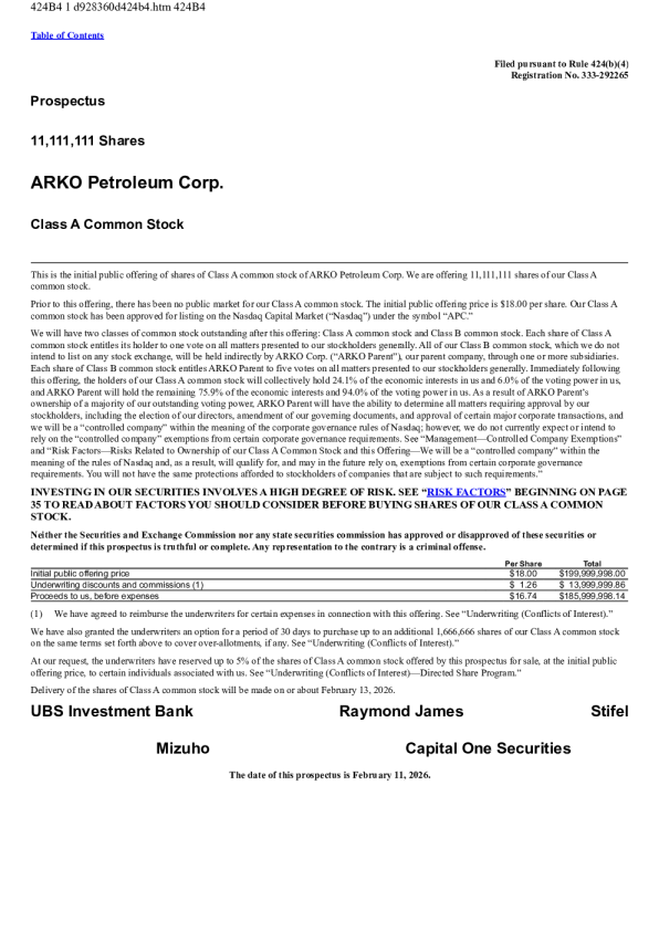 ARKO Petroleum Corp-A美股招股说明书(2026-02-13版)