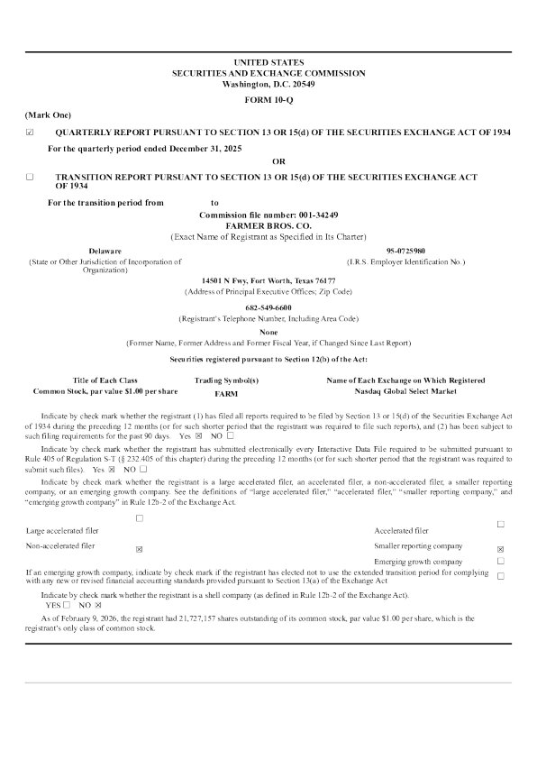 Farmer Bros Co 2026年季度报告