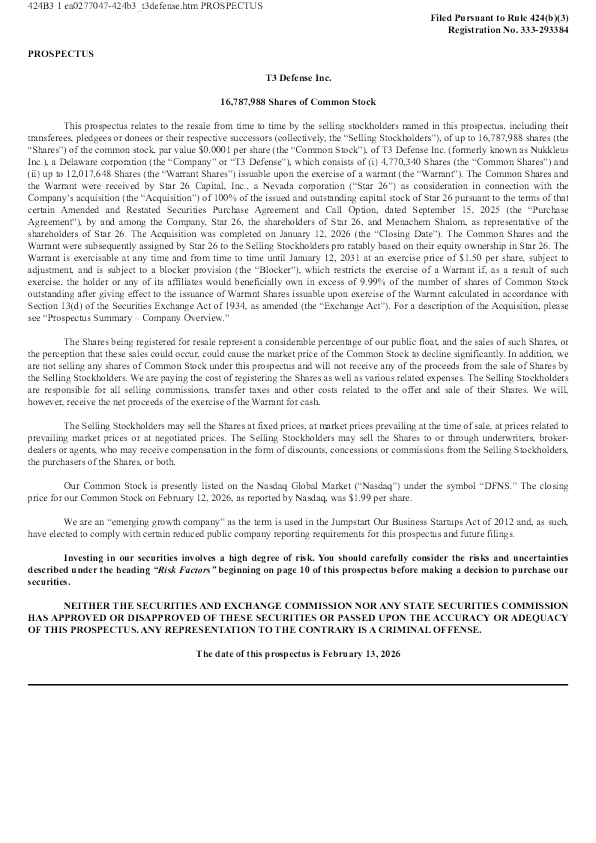 T3 Defense Inc美股招股说明书(2026-02-13版)