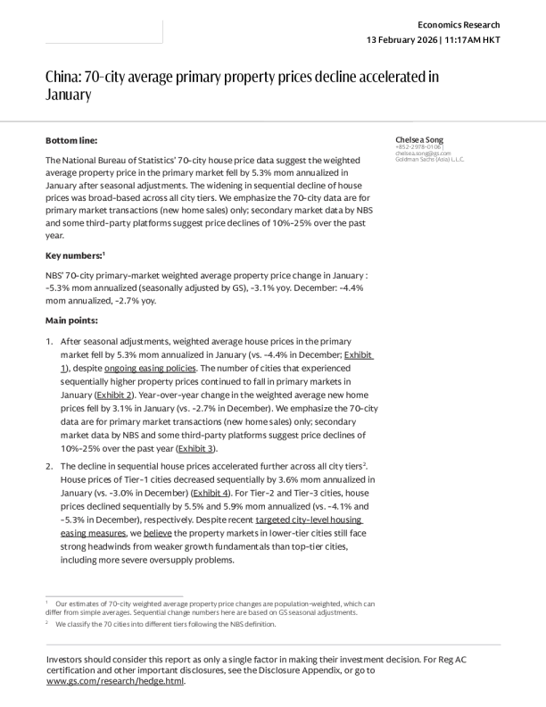 中国70城平均一手房价格1月跌幅加速