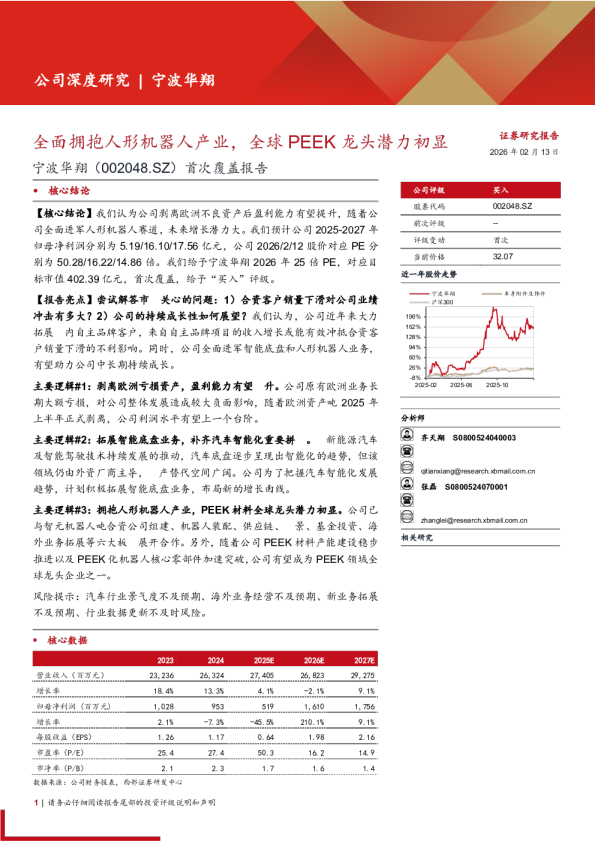 宁波华翔(002048)首次覆盖报告：全面拥抱人形机器人产业，全球PEEK龙头潜力初显