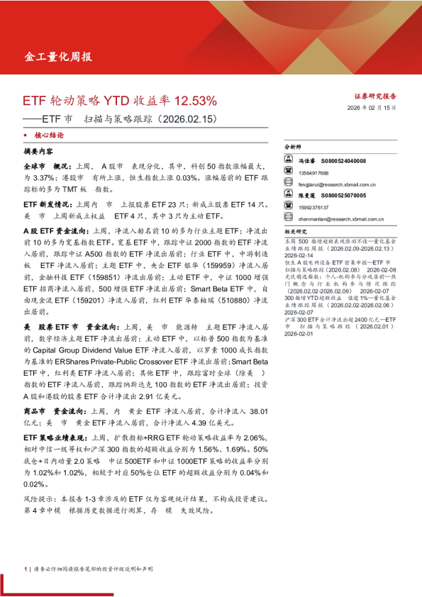 ETF市场扫描与策略跟踪：ETF轮动策略YTD收益率12.53%