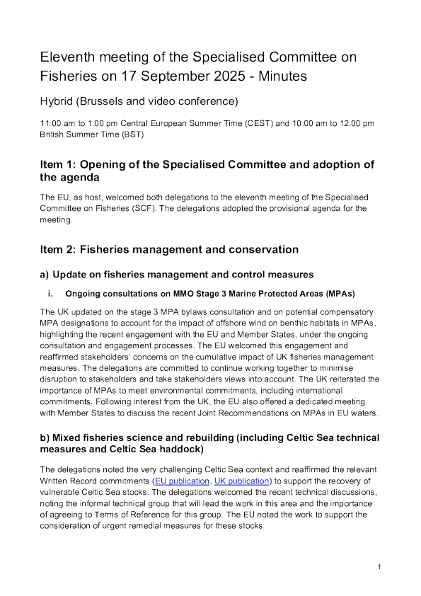 欧盟-英国贸易与合作协定所设渔业专门委员会第十一次会议