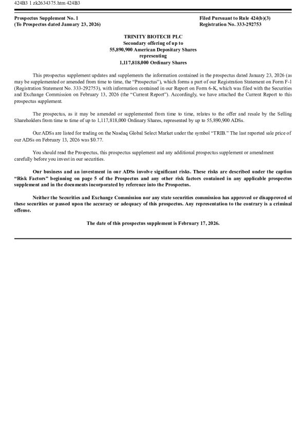 Trinity Biotech plc 美股招股说明书（2026年2月17日版）