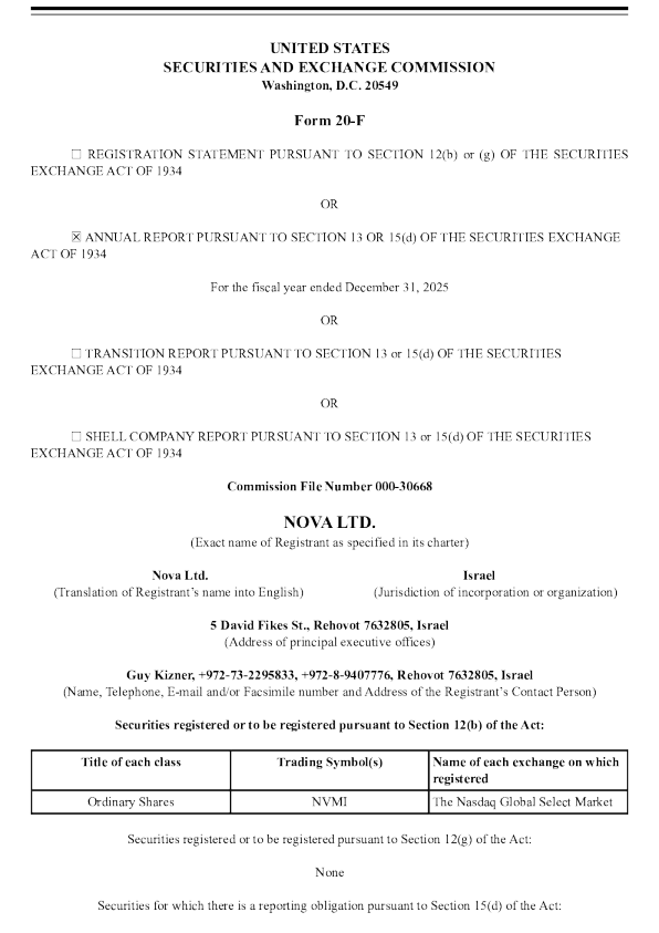 Nova Ltd 2026年年度报告和过渡报告