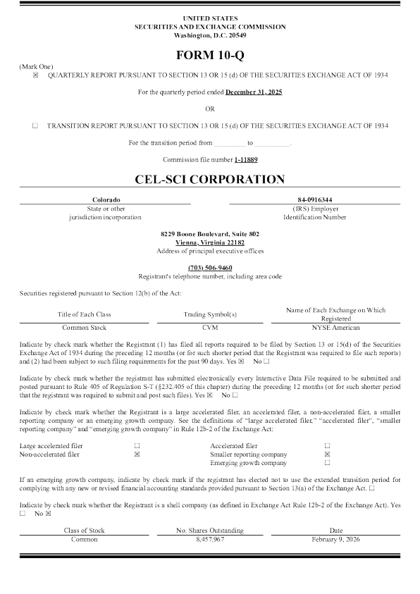 CEL-SCI Corp 2026年季度报告
