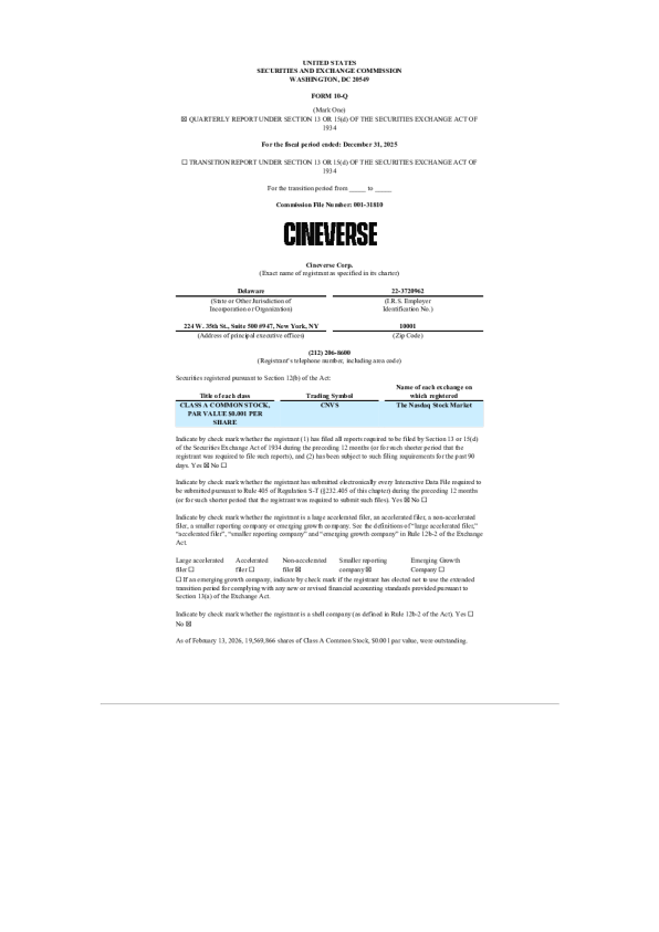 Cineverse Corp-2026年季度报告