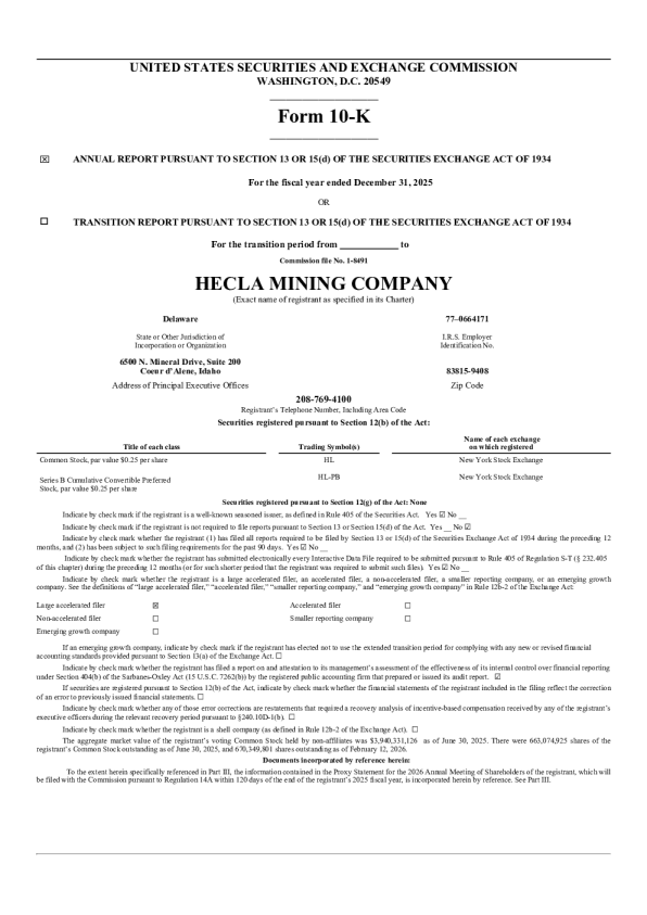 赫克拉矿业 2025年度报告