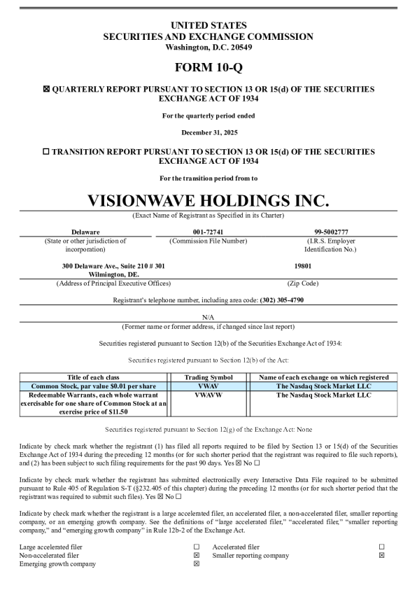 VisionWave Holdings Inc 2026年季度报告