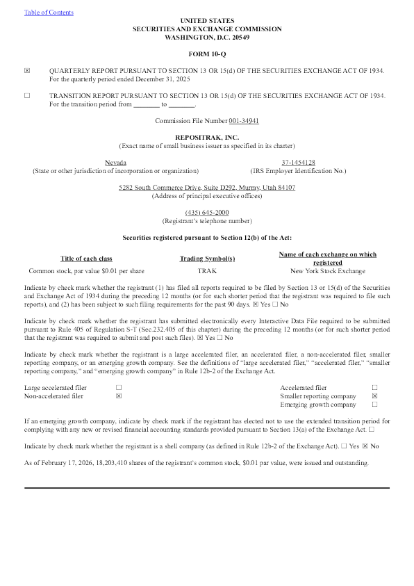 ReposiTrak 2026年度季度报告