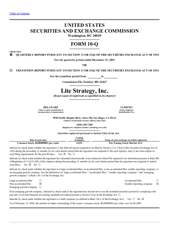 Lite Strategy Inc 2026年季度报告