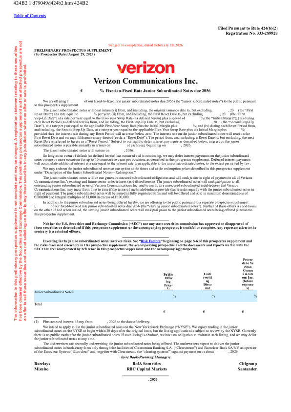 威瑞森通讯美股招股说明书(2026-02-18版)