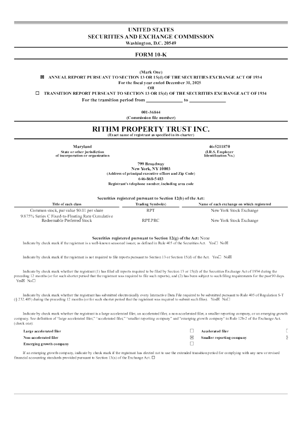 Rithm Property Trust Inc 2025年度报告
