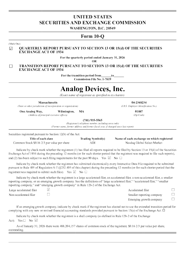 Analog Devices, Inc. 2026年季度报告