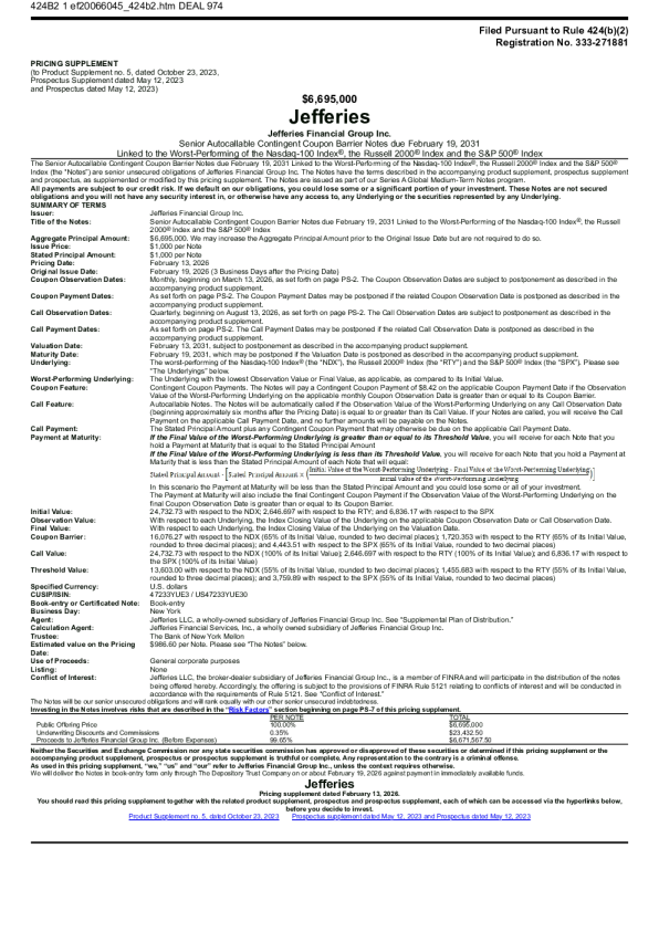 Jefferies Financial Group Inc美股招股说明书(2026-02-18版)