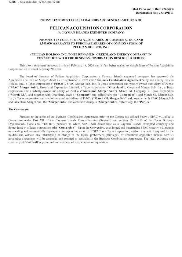 Pelican Acquisition Corp美股招股说明书(2026-02-18版)