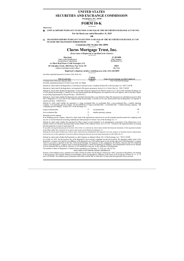 Claros Mortgage Trust Inc 2025年度报告