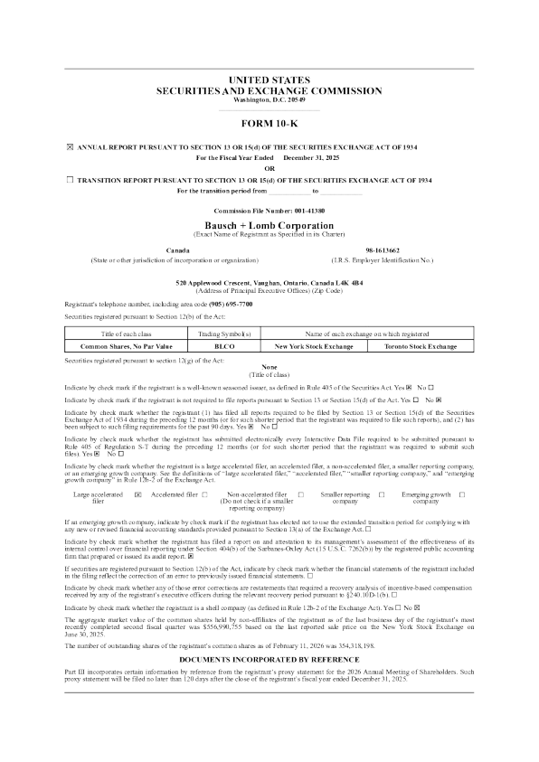 Bausch + Lomb Corp 2025年度报告
