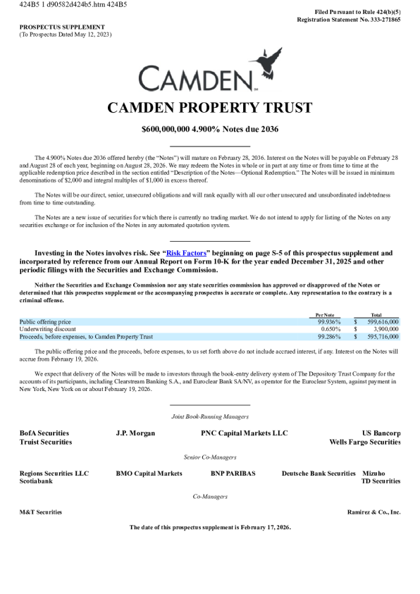 卡姆登物业信托美股招股说明书(2026-02-18版)