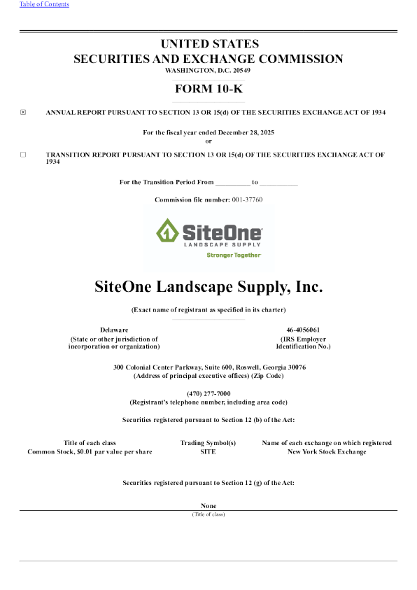 SiteOne Landscape Supply Inc 2025年度报告