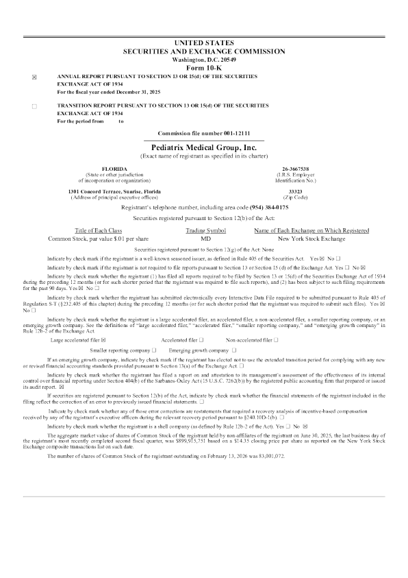 Pediatrix Medical Group Inc 2025年度报告