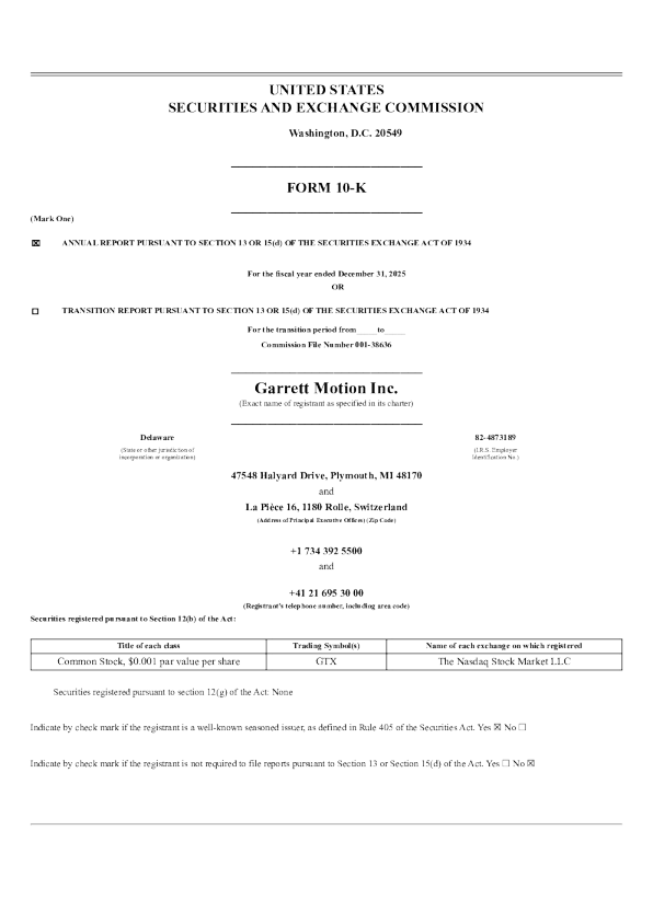 Garrett Motion Inc 2025年度报告