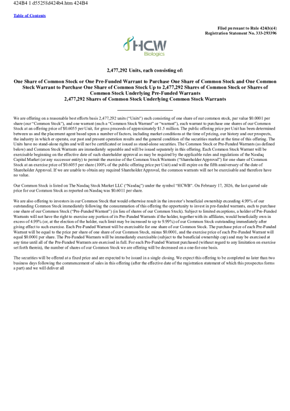HCW Biologics Inc美股招股说明书(2026-02-19版)