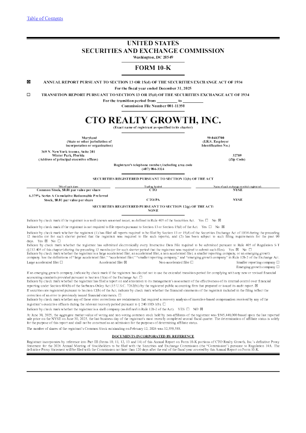 CTO Realty Growth Inc 2025年度报告