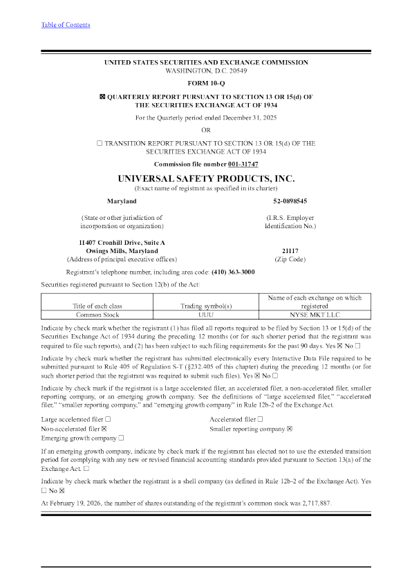 Universal Safety Products Inc 2026年季度报告