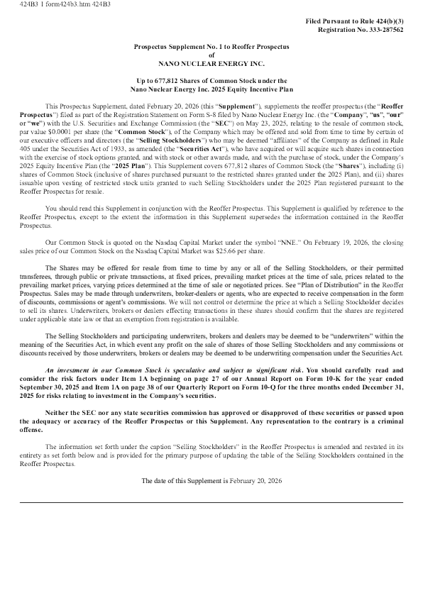 Nano Nuclear Energy Inc 股票发行说明书（2026年02月20日版）
