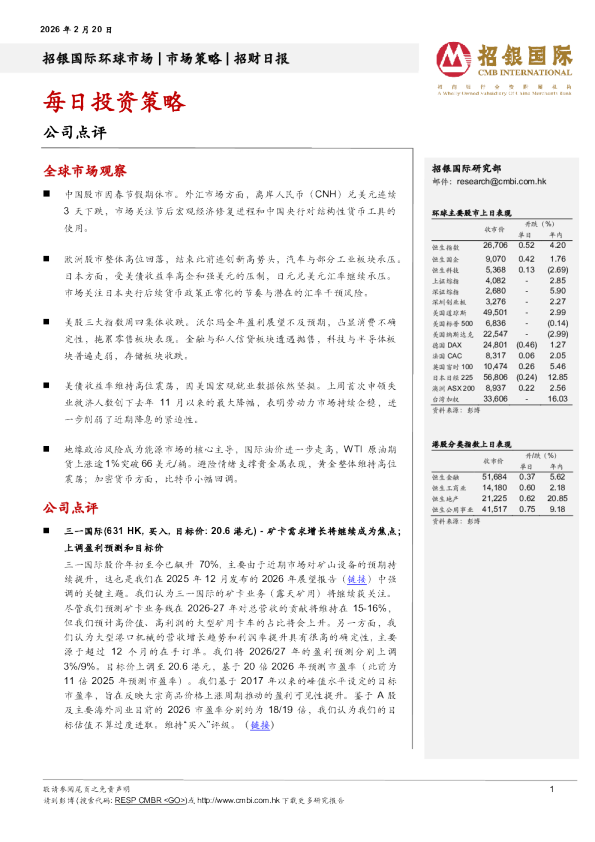 招银国际每日投资策略