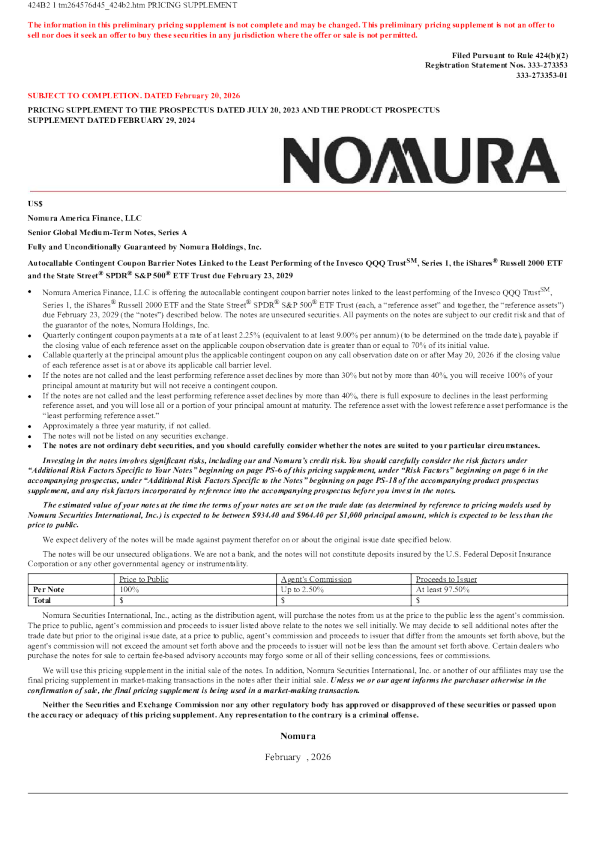 野村控股美股招股说明书(2026-02-23版)