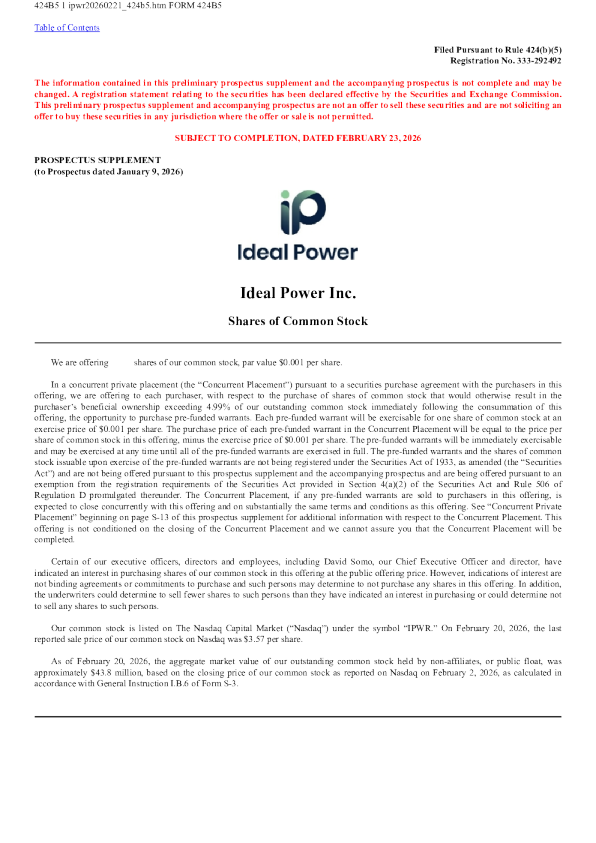 Ideal Power Inc美股招股说明书(2026-02-23版)
