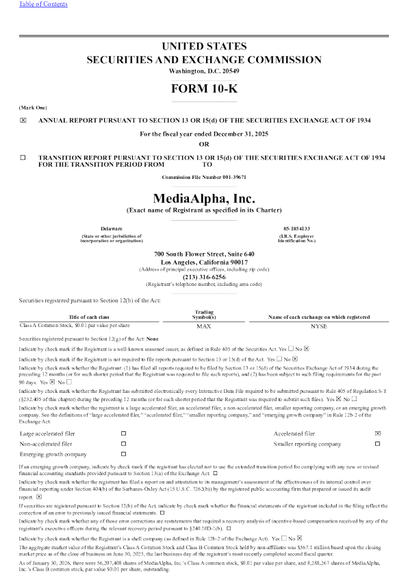MediaAlpha Inc-A 2025年度报告