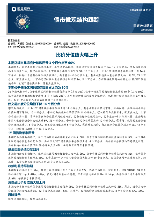 债市微观结构跟踪：比价分位值大幅上升