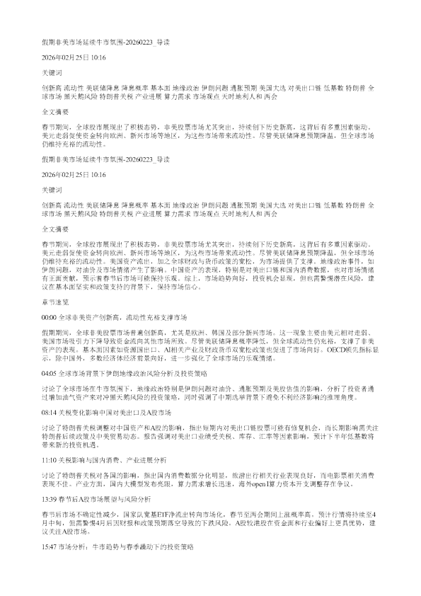 假期非美市场延续牛市氛围20260223