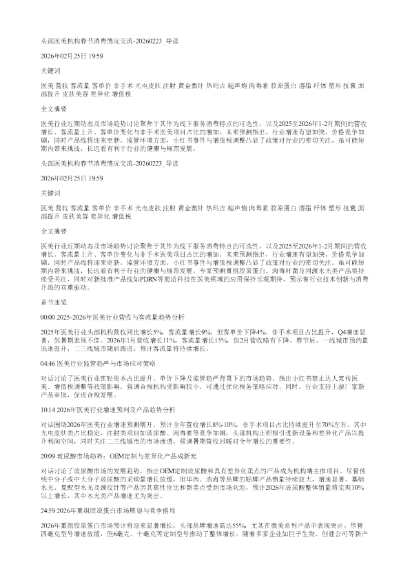 头部医美机构春节消费情况交流20260223