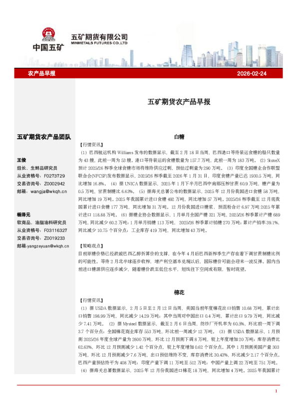 五矿期货农产品早报