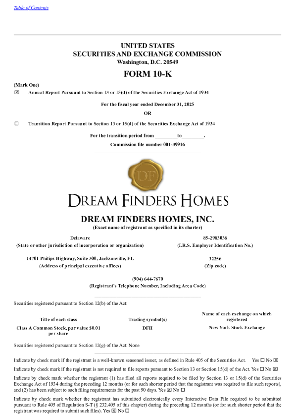 Dream Finders Homes Inc-A 2025年度报告