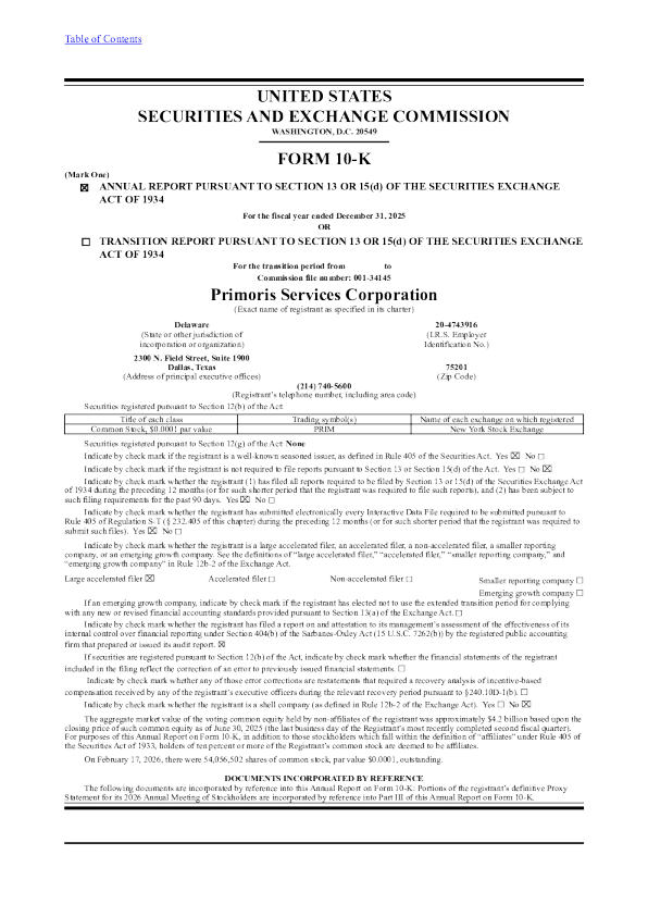 Primoris Services Corp 2025年度报告