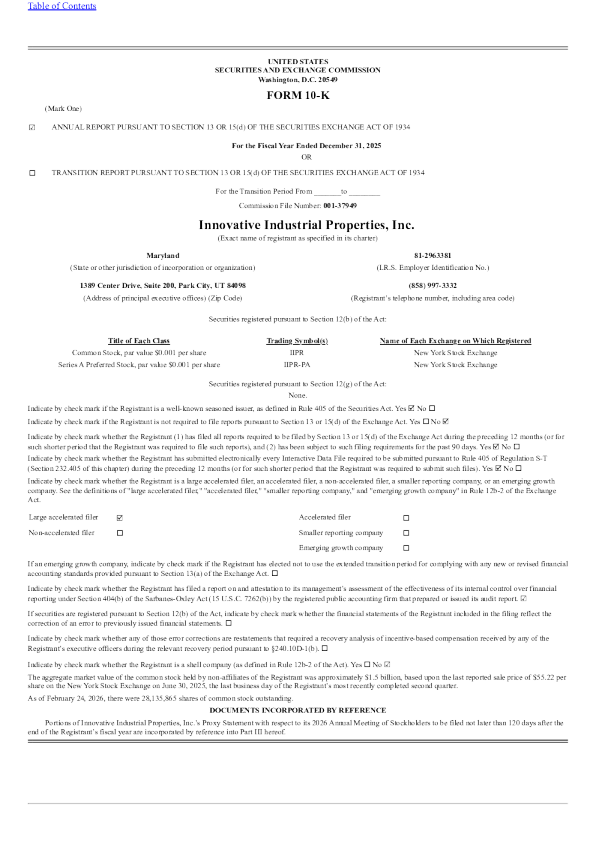 Innovative Industrial Properties Inc-A 2025年度报告
